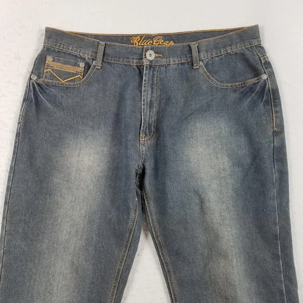 Blue Gear Jeans Mens 40x30 Blue Straight Leg Contrast Stitch Embroidered Denim‎